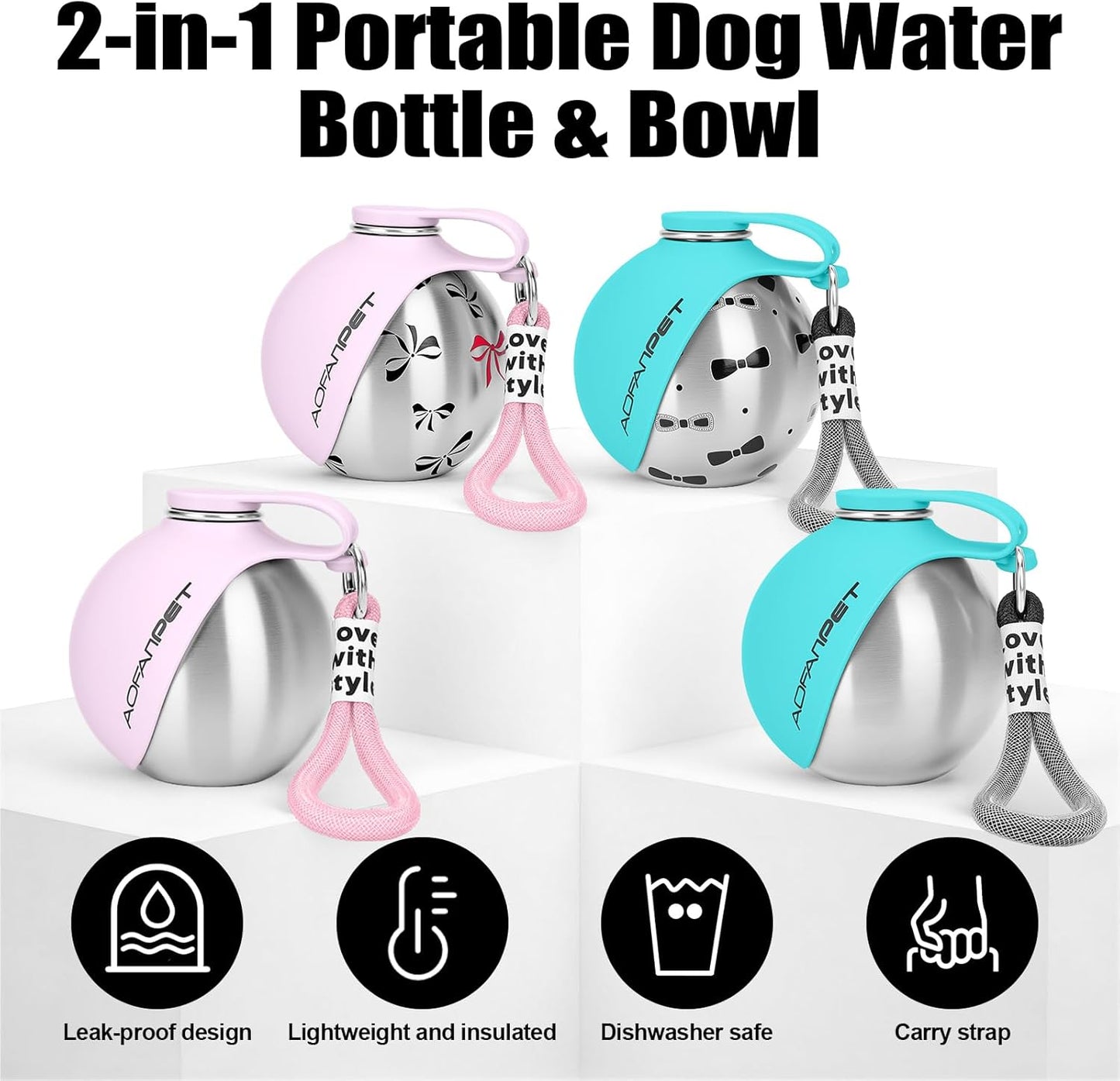 Stainless Steel Portable Dog Water Bottle with Bowl - 10oz No-Spill Travel Dispenser for Small Dogs, Ideal for Walking and Hiking
