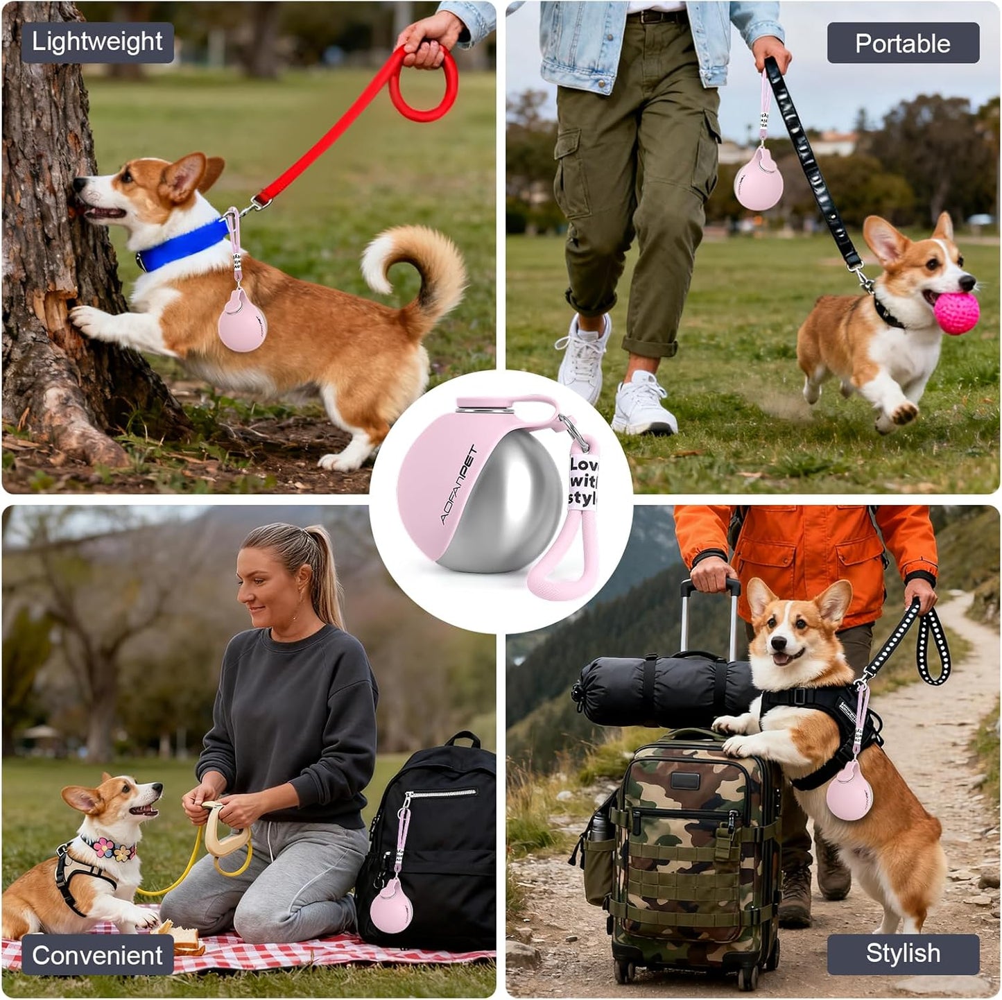 Stainless Steel Portable Dog Water Bottle with Bowl - 10oz No-Spill Travel Dispenser for Small Dogs, Ideal for Walking and Hiking