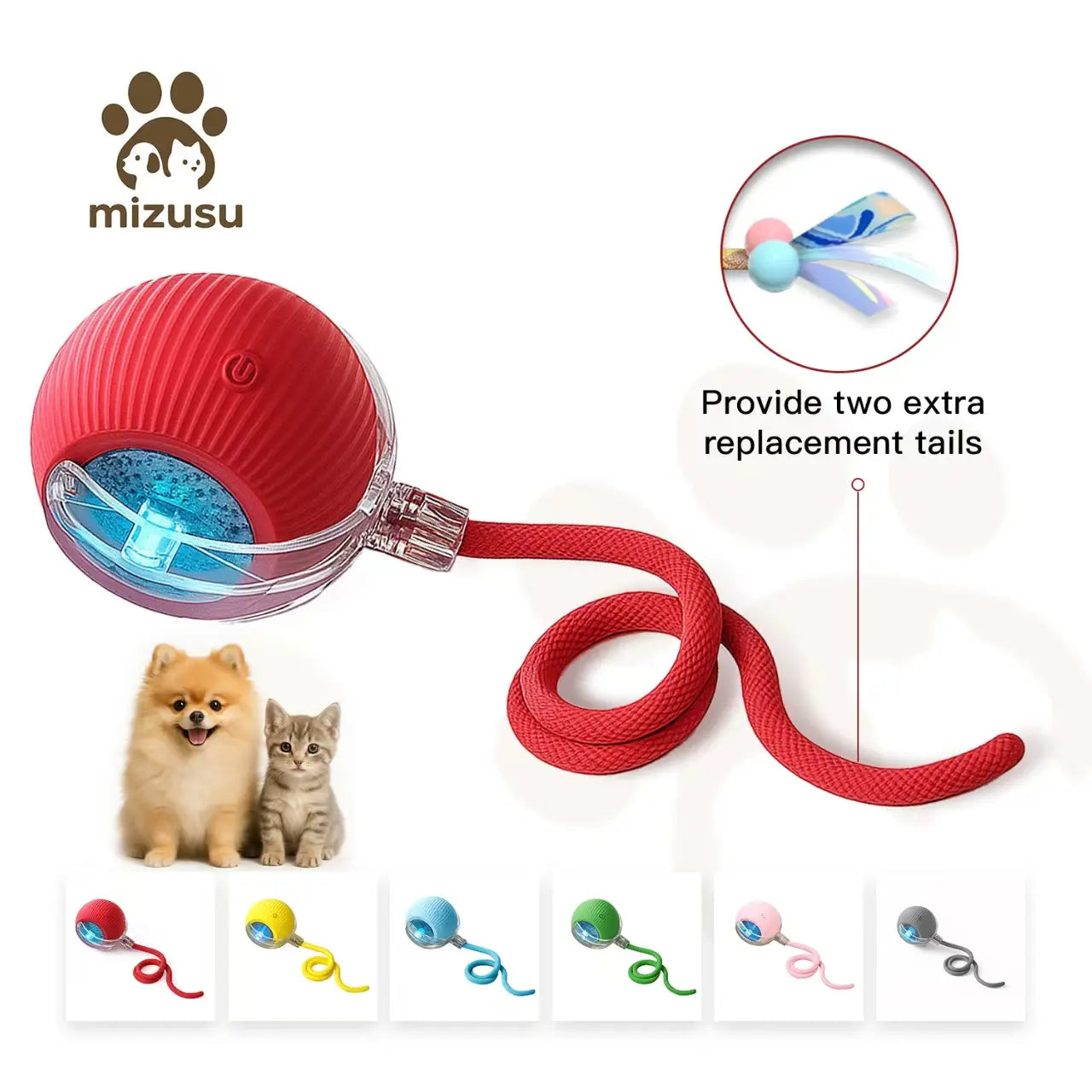 Mizusu Interactive Teaser Toy for Cats and Dogs with Two Extra Tails, Rolling Ball Toy for Kittens, Pet Supplies, and Accessories