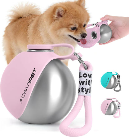 Stainless Steel Portable Dog Water Bottle with Bowl - 10oz No-Spill Travel Dispenser for Small Dogs, Ideal for Walking and Hiking