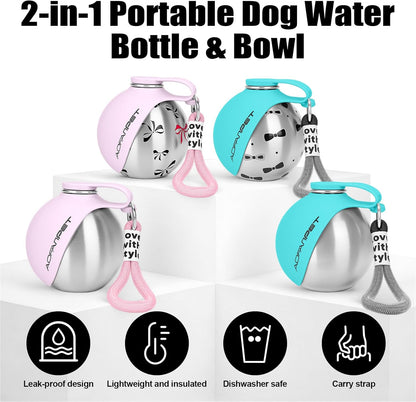 Stainless Steel Portable Dog Water Bottle with Bowl - 10oz No-Spill Travel Dispenser for Small Dogs, Ideal for Walking and Hiking