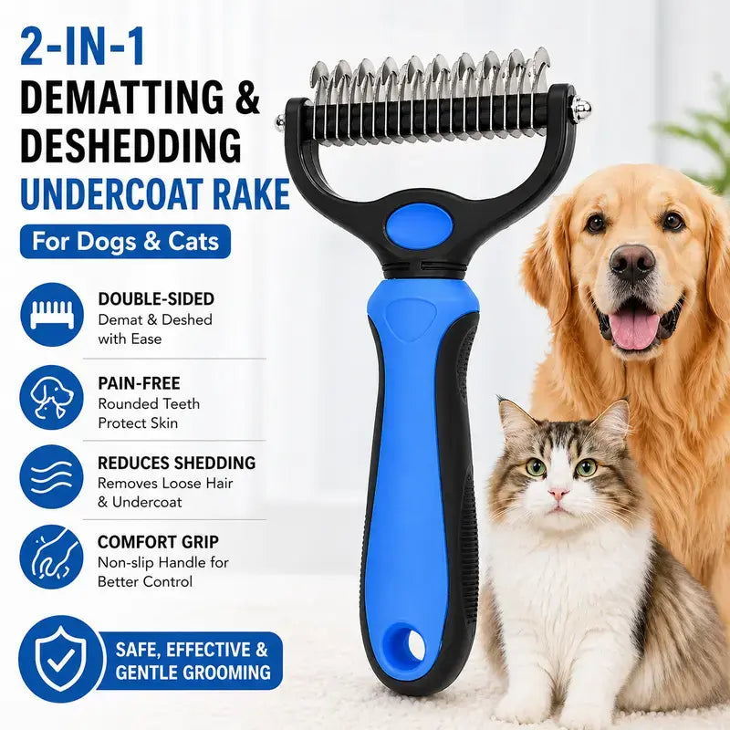 Professional Pet Dematting Undercoat Rake for Long-Haired Dogs and Cats, Double-Sided Deshedding Brush for Pain-Free Tangle Removal and Shedding Reduction, Premium Pet Grooming Tool N2