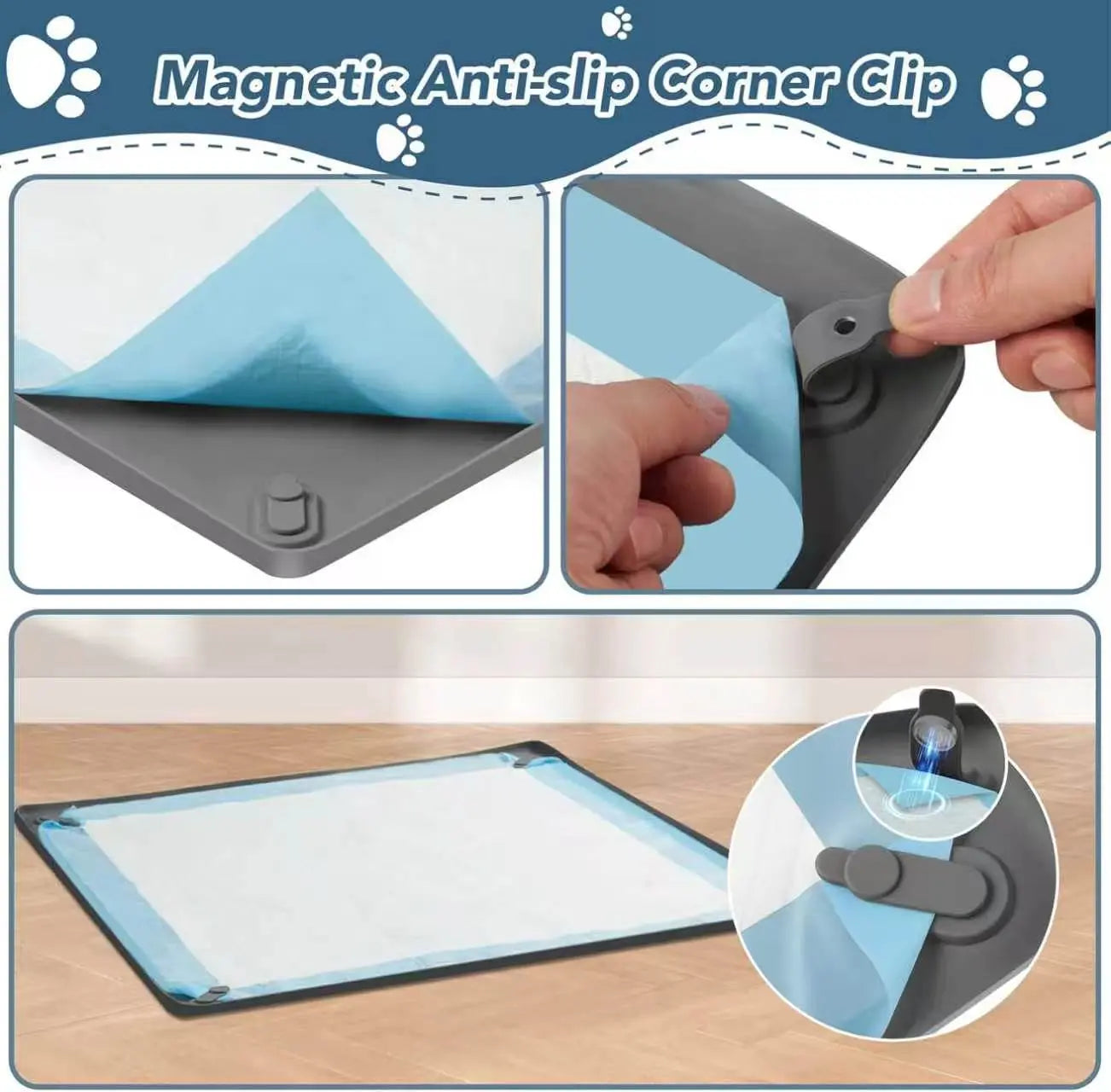 Dog Pee Pad Holder with Non-Slip Silicone Design, Magnetic Clips, and Leak-Proof Raised Edge for Indoor Floor Protection and Puppy Training Essentials