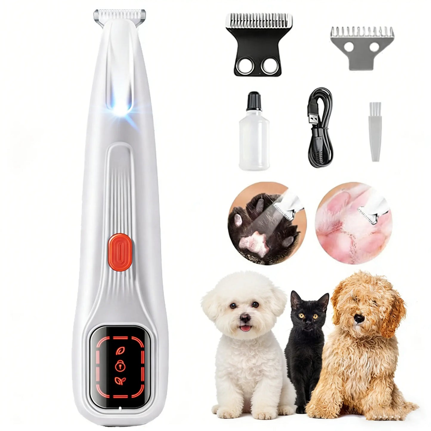 Pet Precision Hair Trimmer Kit - Rechargeable Dog Paw Trimmer with LED Light, Low Noise Dual-Speed Motor, Ideal for Small Dog and Cat Grooming, Waterproof Pet Grooming Tool