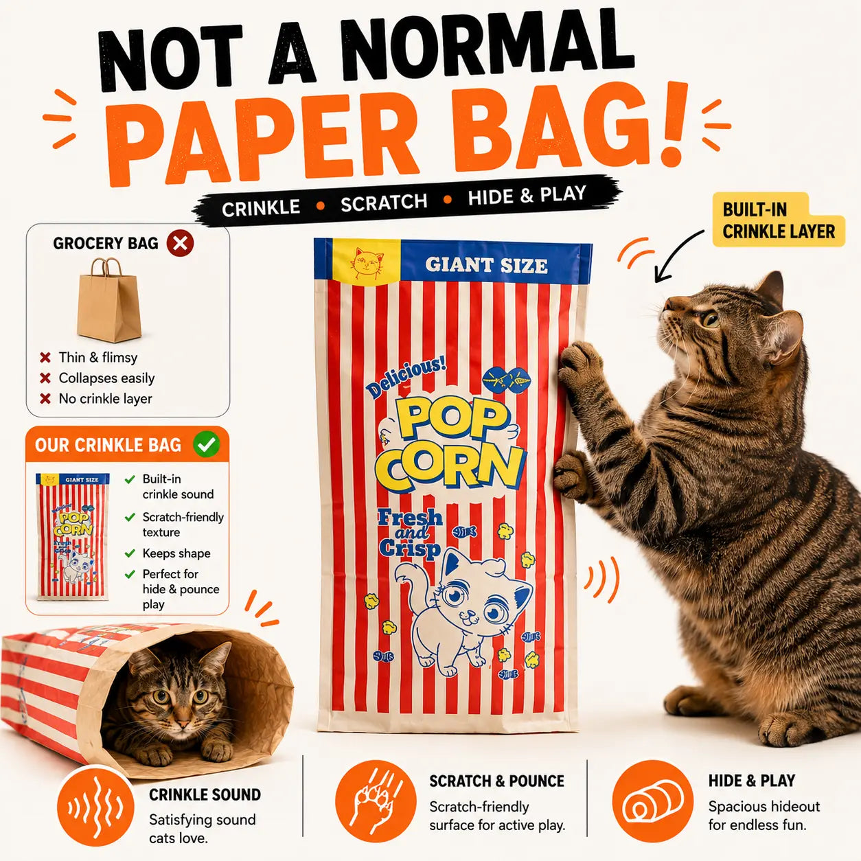 Premium Cat Hideout and Play Tunnel - Double-Layer Crinkle Bag for Indoor Kittens and Adults (29.53 x 13.78 Inches)