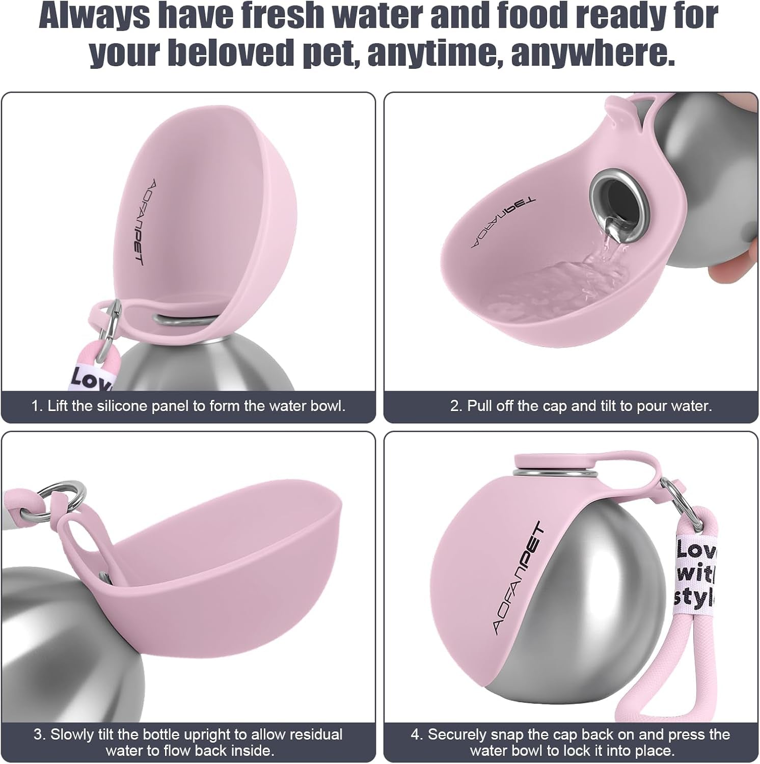 Stainless Steel Portable Dog Water Bottle with Bowl - 10oz No-Spill Travel Dispenser for Small Dogs, Ideal for Walking and Hiking