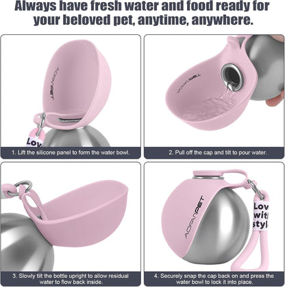 Stainless Steel Portable Dog Water Bottle with Bowl - 10oz No-Spill Travel Dispenser for Small Dogs, Ideal for Walking and Hiking