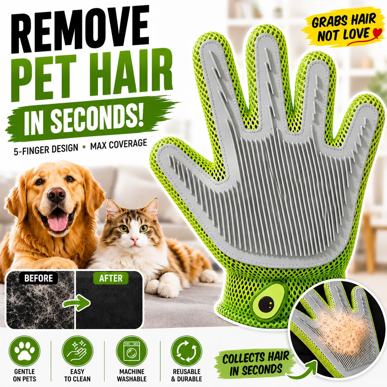 Professional Pet Grooming Glove for Cats and Dogs - Soft Silicone Brush for Daily Grooming, Deshedding, and Relaxing Massage, Reducing Loose Fur and Dirt for a Cleaner Home and Happier Pets