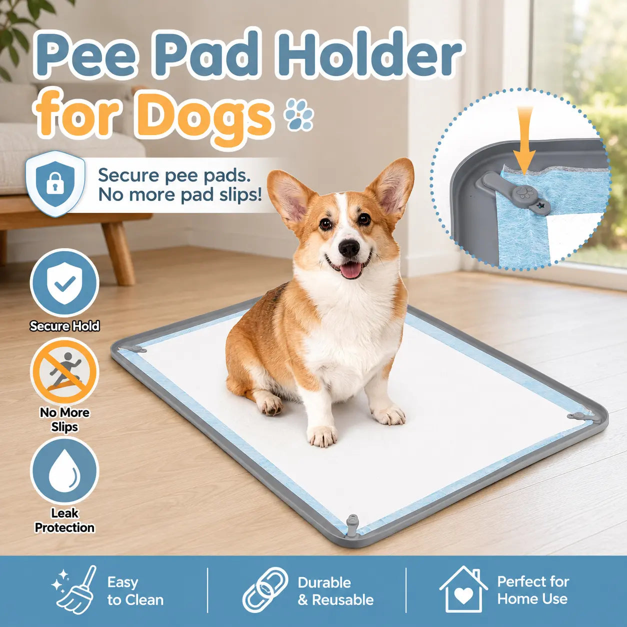 Dog Pee Pad Holder with Non-Slip Silicone Design, Magnetic Clips, and Leak-Proof Raised Edge for Indoor Floor Protection and Puppy Training Essentials