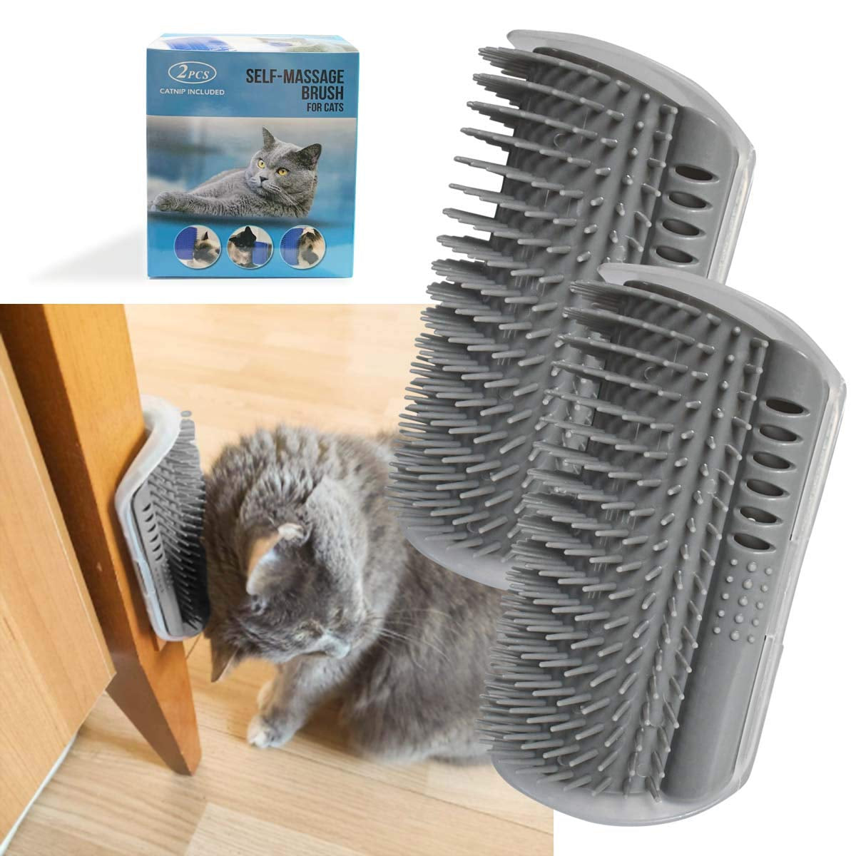 2-Pack Soft Self-Grooming Tool with Catnip Wall Corner Massage Comb and Scratcher for Cats and Dogs with Long or Short Fur (Gray)